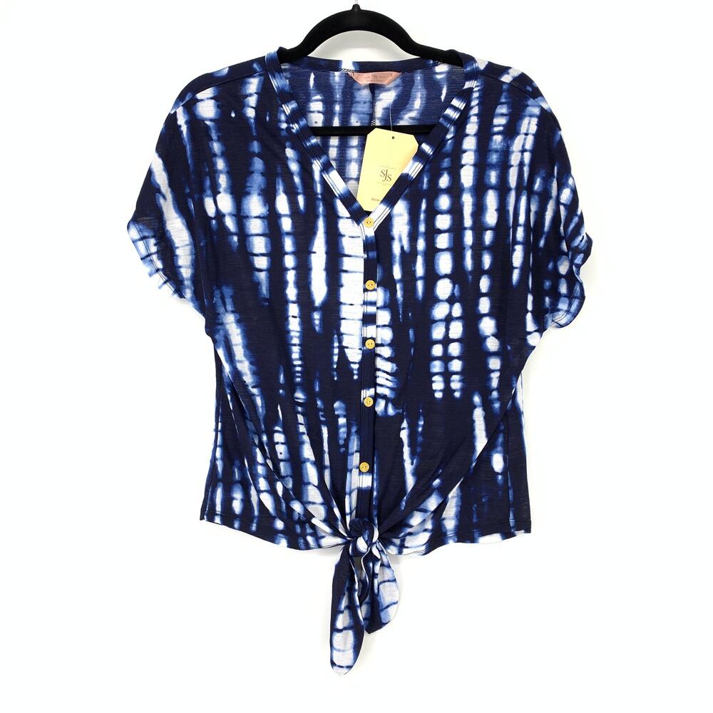 SJS Top Women's Sz S Tie Dye Button Front Shirt Blouse Tie Front White Blue NEW
